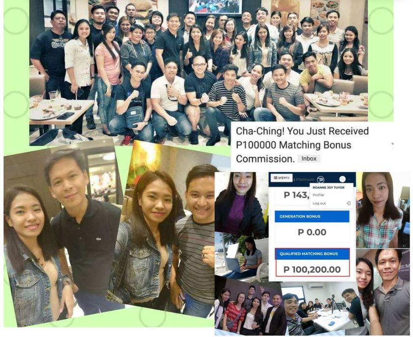 Team gathering photos with a notification of a 100,000 peso qualified matching bonus commission