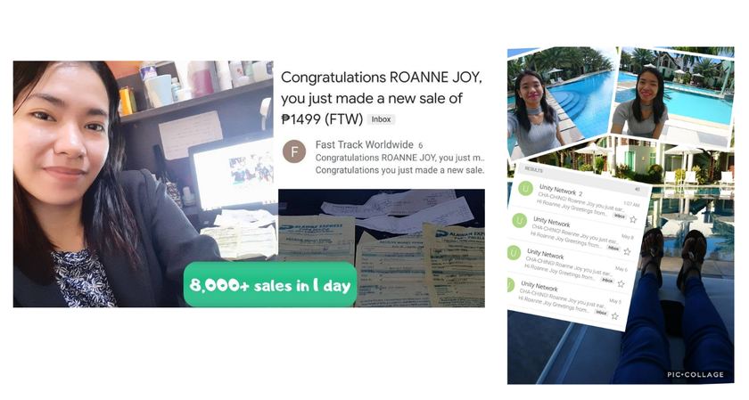 Sale notification of 1,499 pesos beside a collage captioned 8,000 plus sales in one day