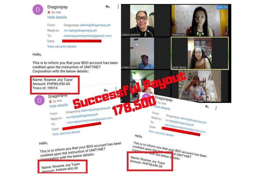 Dragonpay payout confirmation emails totaling 178,500 pesos credited to a BDO account